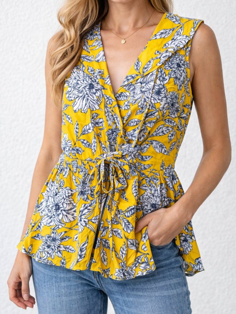 Japna Floral Wrapโ Top Women S Yellow White Sleeveless Ruffle Blouse Cottagcore